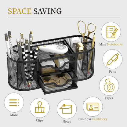 SUPEASY Mesh Desk Organizer, Pen Holder for Desk with 2 Drawers, Black