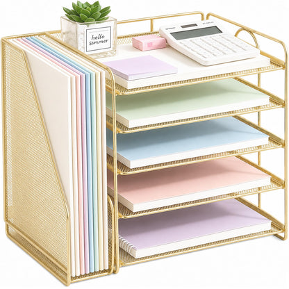 OPNICE Desk Organizer, 6-Tier Paper Organizer Letter Tray, Gold