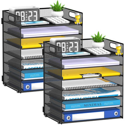 7 Tier Paper Organizer for Desk with Letter Trays & Handle Black