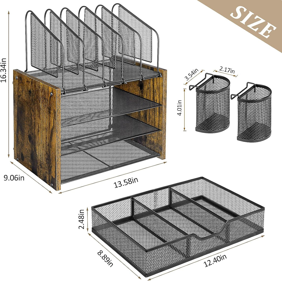 DAOUTIME 4-Tier Mesh Desk Organizer, Wooden Desk File Organizer with 5 Vertical File Holders and 2 Pen Holders, Desktop Organizers and Accessories with Drawer for Home Office