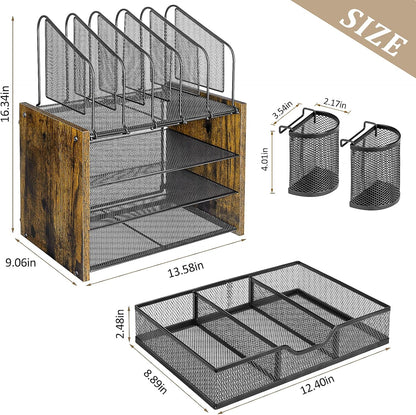 DAOUTIME 4-Tier Mesh Desk Organizer, Wooden Desk File Organizer with 5 Vertical File Holders and 2 Pen Holders, Desktop Organizers and Accessories with Drawer for Home Office