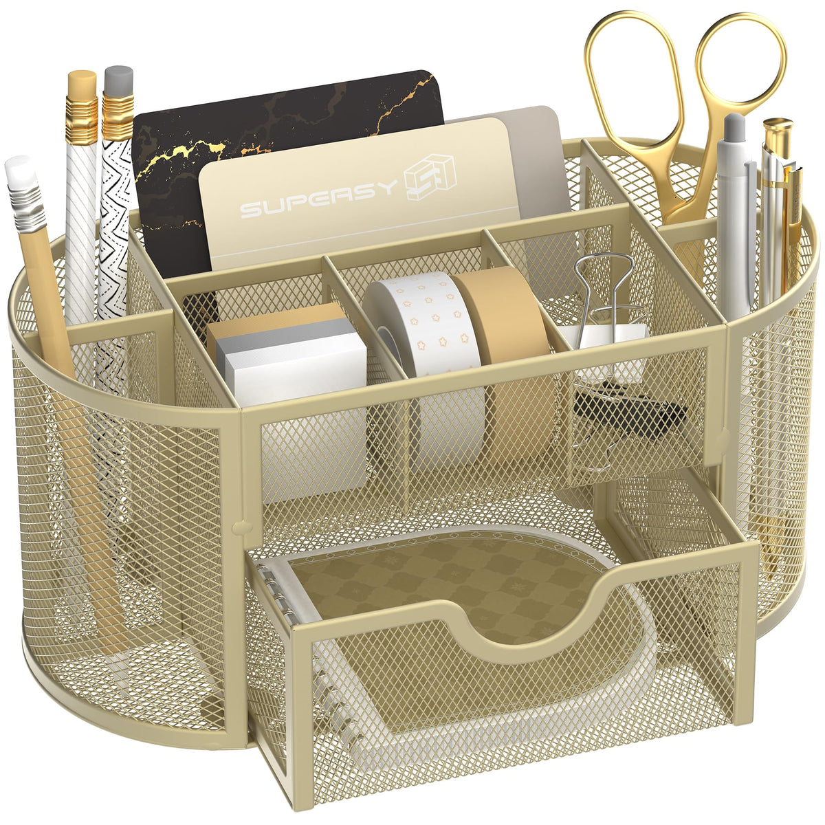 Mesh Desk Organizer with Drawer, 9-Compartment Pen Holder for Desk, Black