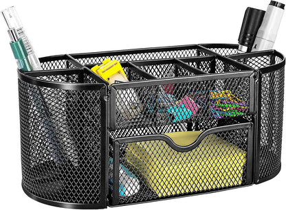 Amazon Basics Mesh Desk Organizer with Pen Holder, Pullout Drawer and Office Caddy Storage, 9.25" x 4.53" x 3.94", Black
