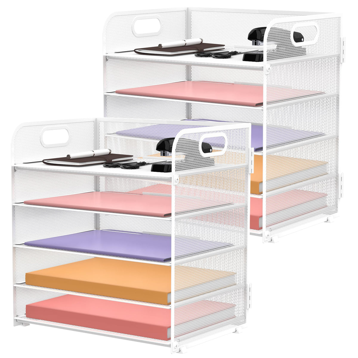 Supeasy 5 Trays Paper Organizer Letter Tray with Handle-Mesh Desk File Holders, Paper Sorter Desk Organizer for Office, Home, Classroom or School