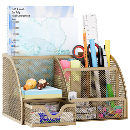 EasyPAG Mesh Desk Organizer with Drawer Multi-functional Pen Holder Stationery Organizer for Office School Supplies 6 Compartments Dorm Organizers and Storage for Desk, Black