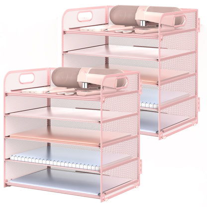 Letter Tray Paper Organizer 5-Tier Desk Organizer File Organizer Paper Holder with Handle, Metal Desktop Document Shelf Tray Office Classroom Organization - Black