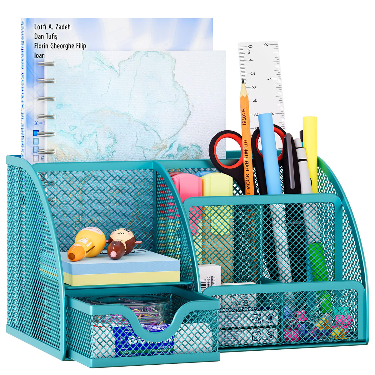 EasyPAG Mesh Desk Organizer with Drawer Multi-functional Pen Holder Stationery Organizer for Office School Supplies 6 Compartments Dorm Organizers and Storage for Desk, Black