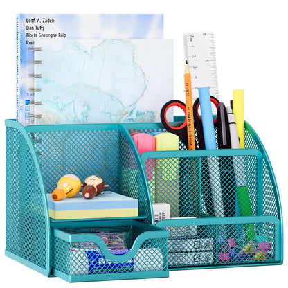 EasyPAG Mesh Desk Organizer with Drawer Multi-functional Pen Holder Stationery Organizer for Office School Supplies 6 Compartments Dorm Organizers and Storage for Desk, Black