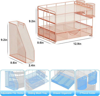 gianotter Desk Organizers and Accessories with File Holder, 4-Tier Desk Accessories & Workspace Organizers with Drawer and 2 Pen Holder, Paper Organizer for Office Supplies (Rose Gold)