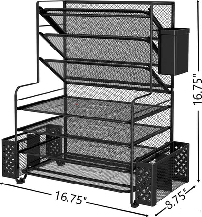 Simple Trending 7 Tier Desk File Organizer, Letter Tray Paper Organizer with Pen Holder and Metal Hanging Basket, Black