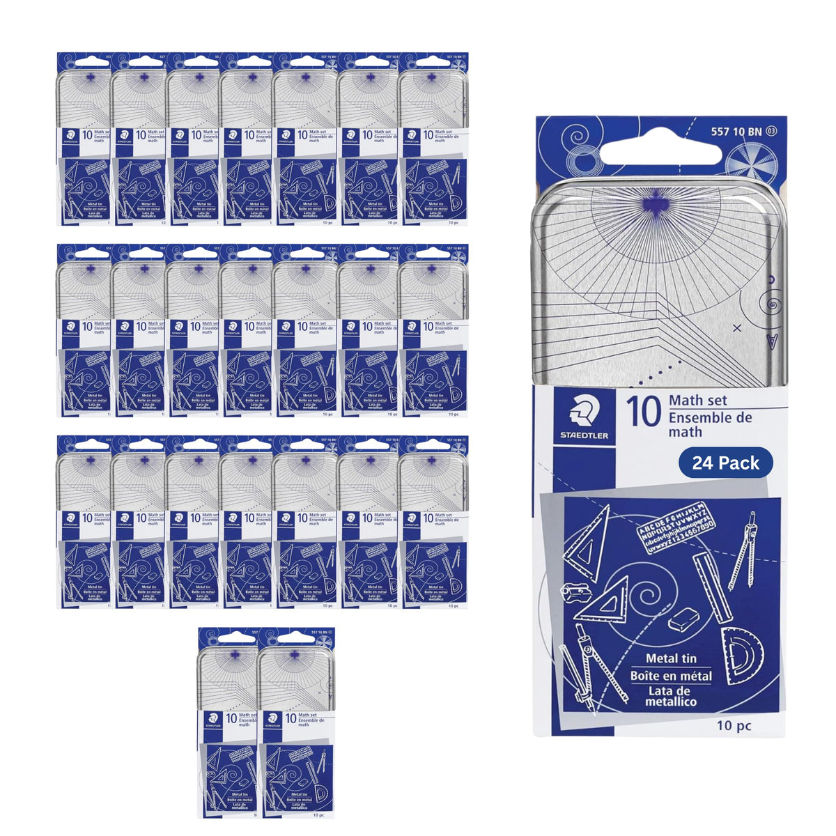 STAEDTLER 10-Piece Math Set with Metal Compass, 6" Ruler & Triangle Squares, 45° & 30/60° Set Squares, Alphabet Stencil - Measuring Tools