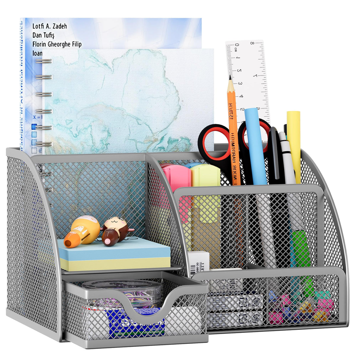 EasyPAG Mesh Desk Organizer with Drawer Multi-functional Pen Holder Stationery Organizer for Office School Supplies 6 Compartments Dorm Organizers and Storage for Desk, Black