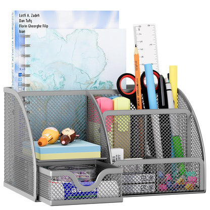 EasyPAG Mesh Desk Organizer with Drawer Multi-functional Pen Holder Stationery Organizer for Office School Supplies 6 Compartments Dorm Organizers and Storage for Desk, Black