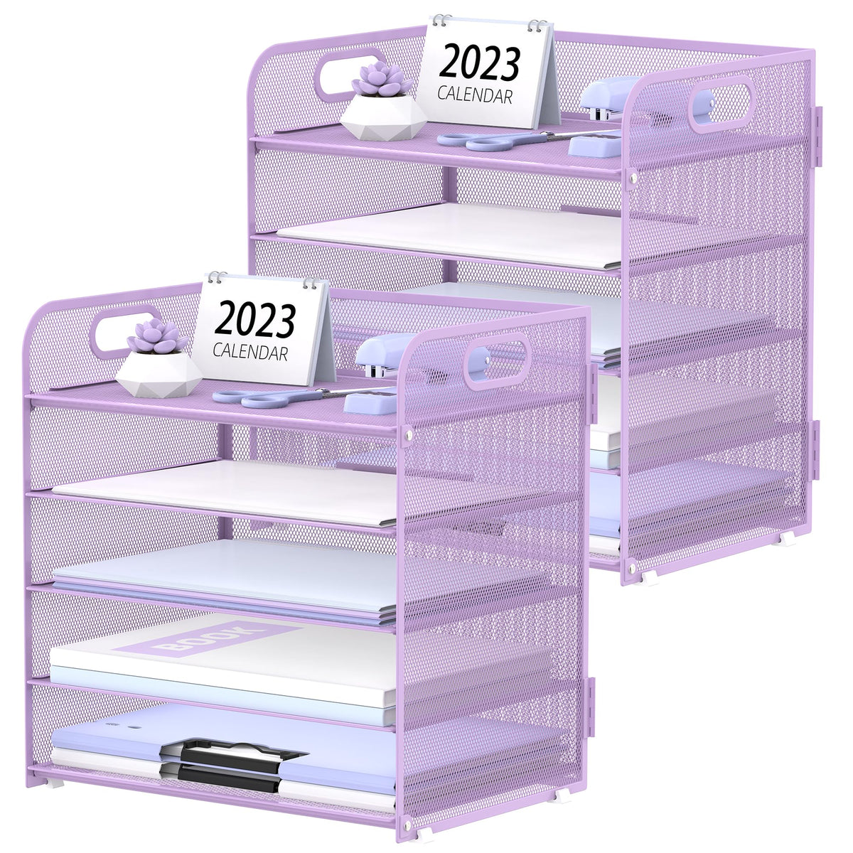 Supeasy 5 Trays Paper Organizer Letter Tray with Handle-Mesh Desk File Holders, Paper Sorter Desk Organizer for Office, Home, Classroom or School