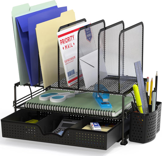 Simple Houseware Desk File Organizer for Office Supplies w/Drawer, Black