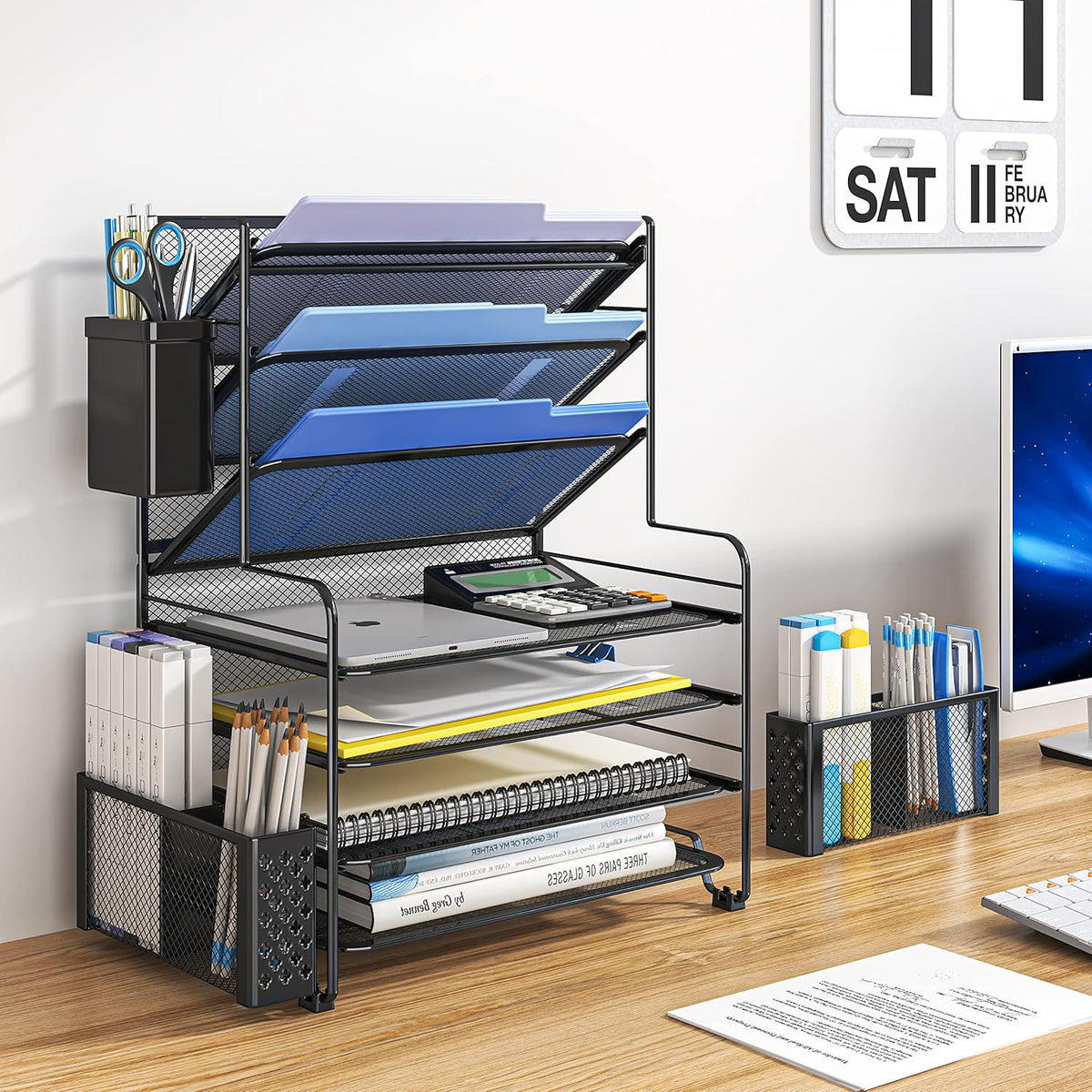 Simple Trending 7 Tier Desk File Organizer, Letter Tray Paper Organizer with Pen Holder and Metal Hanging Basket, Black