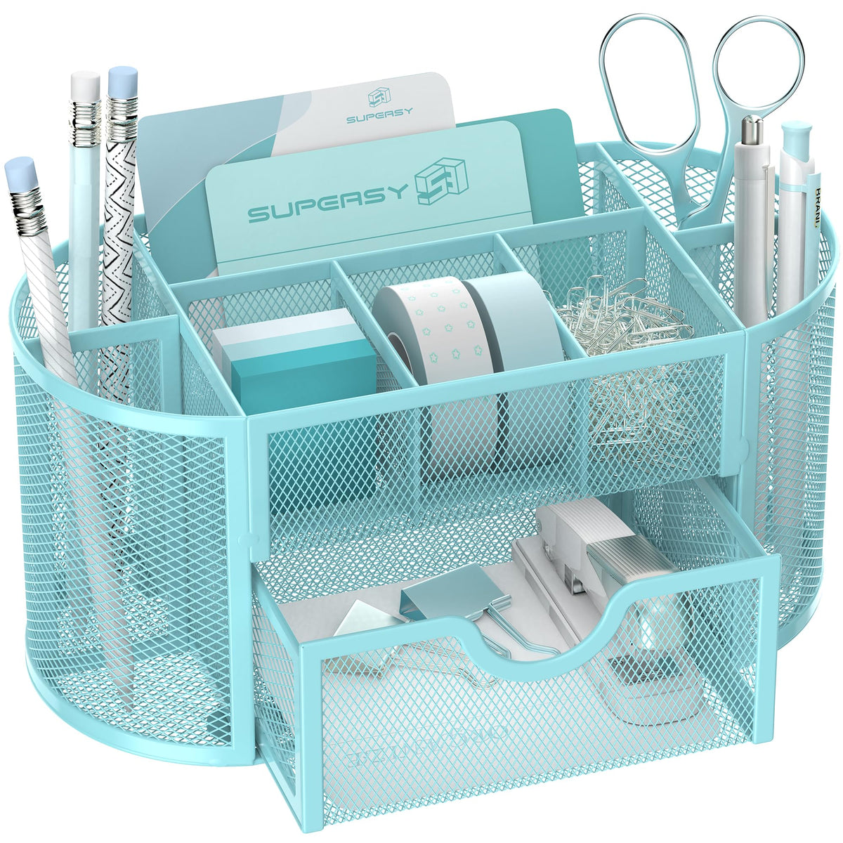 Mesh Desk Organizer with Drawer, 9-Compartment Pen Holder for Desk, Black