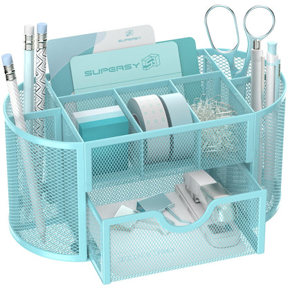Mesh Desk Organizer with Drawer, 9-Compartment Pen Holder for Desk, Black