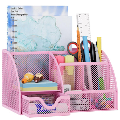 EasyPAG Mesh Desk Organizer with Drawer Multi-functional Pen Holder Stationery Organizer for Office School Supplies 6 Compartments Dorm Organizers and Storage for Desk, Black