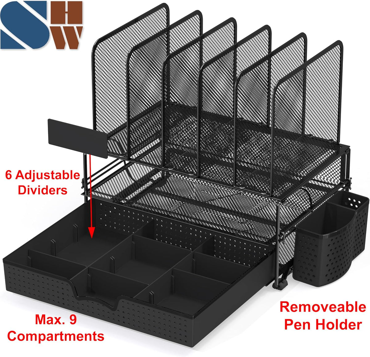 Simple Houseware Desk File Organizer for Office Supplies w/Drawer, Black