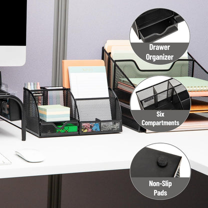 Mind Reader 7-Compartment Desktop Organizer, Metal Mesh Desk Organizer for Pens, Sticky Notes, Mail and Office Supplies, Black