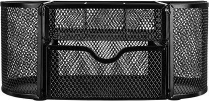 Amazon Basics Mesh Desk Organizer with Pen Holder, Pullout Drawer and Office Caddy Storage, 9.25" x 4.53" x 3.94", Black