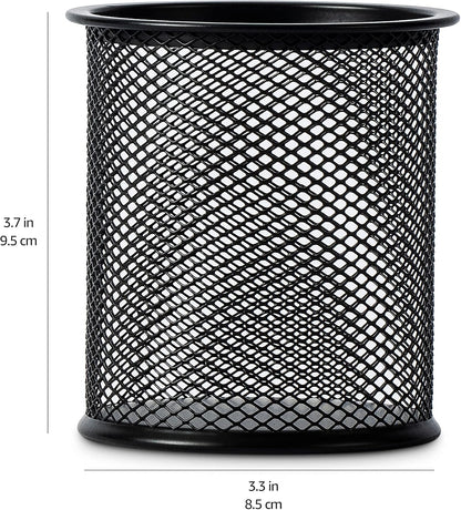 Amazon Basics Wire Mesh Pen Holder, Pencil Cup Desk Organizer for Stationery, Scissors, Office Caddy Storage, 3.7" x 3.3", Black
