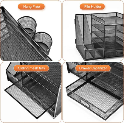 Marbrasse Desk Organizer with File Holder, 5-Tier Paper Letter Tray Organizer with Drawer and 2 Pen Holder, Mesh Desktop Organizer and Storage with Magazine Holder for Office Supplies(Black)