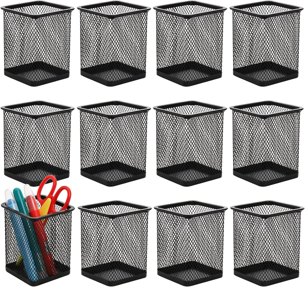 Nicunom 12 Pack Mesh Pen Holder for Desk, Wire Mesh Pencil Cup Holder Metal Pencil Holder Organizer for Office Home School Supplies, Black ﻿