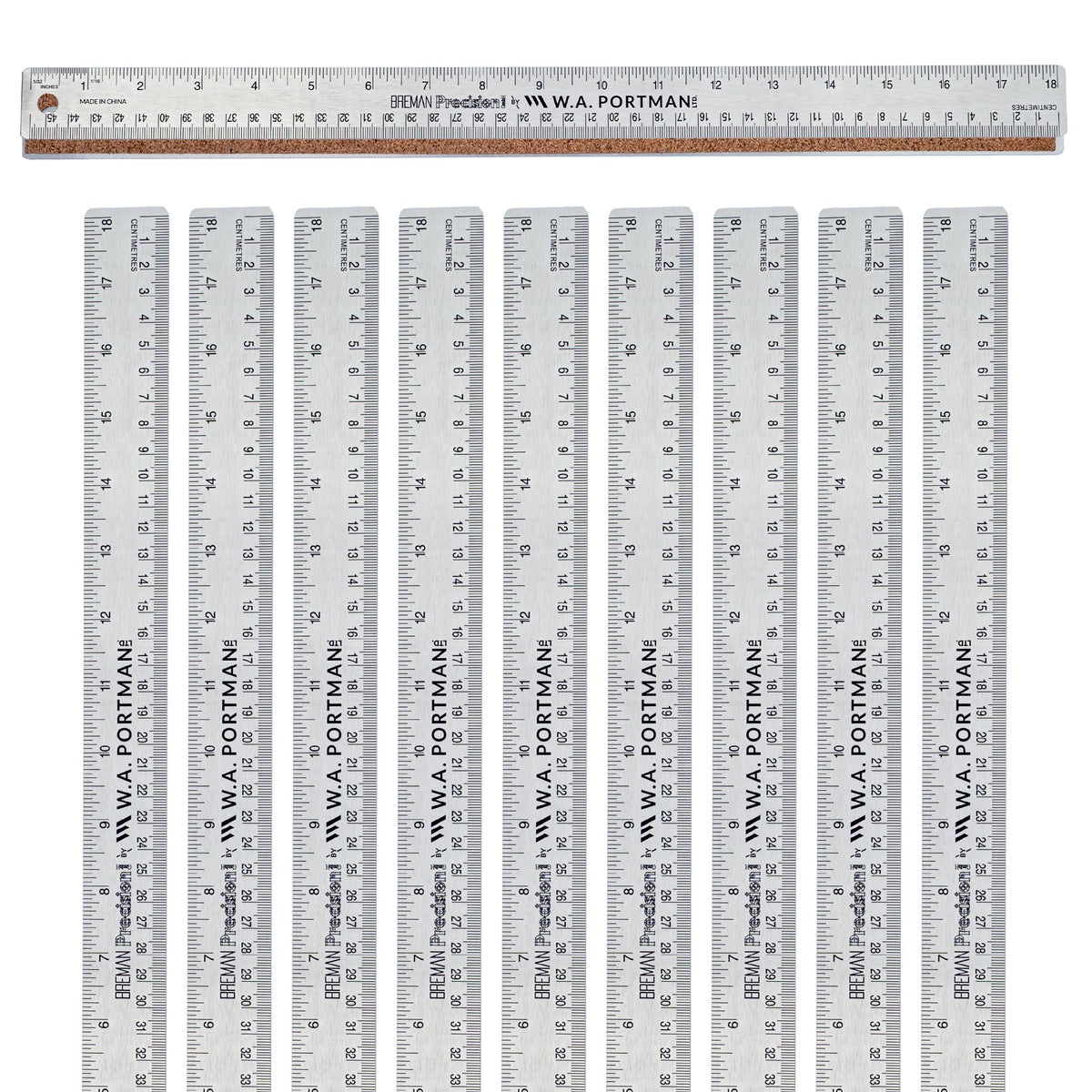 WA Portman Metal Ruler 12'', Metric Edge Corkback Stainless Steel Ruler