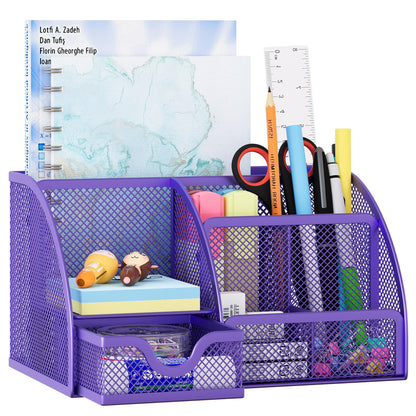 EasyPAG Mesh Desk Organizer with Drawer Multi-functional Pen Holder Stationery Organizer for Office School Supplies 6 Compartments Dorm Organizers and Storage for Desk, Black