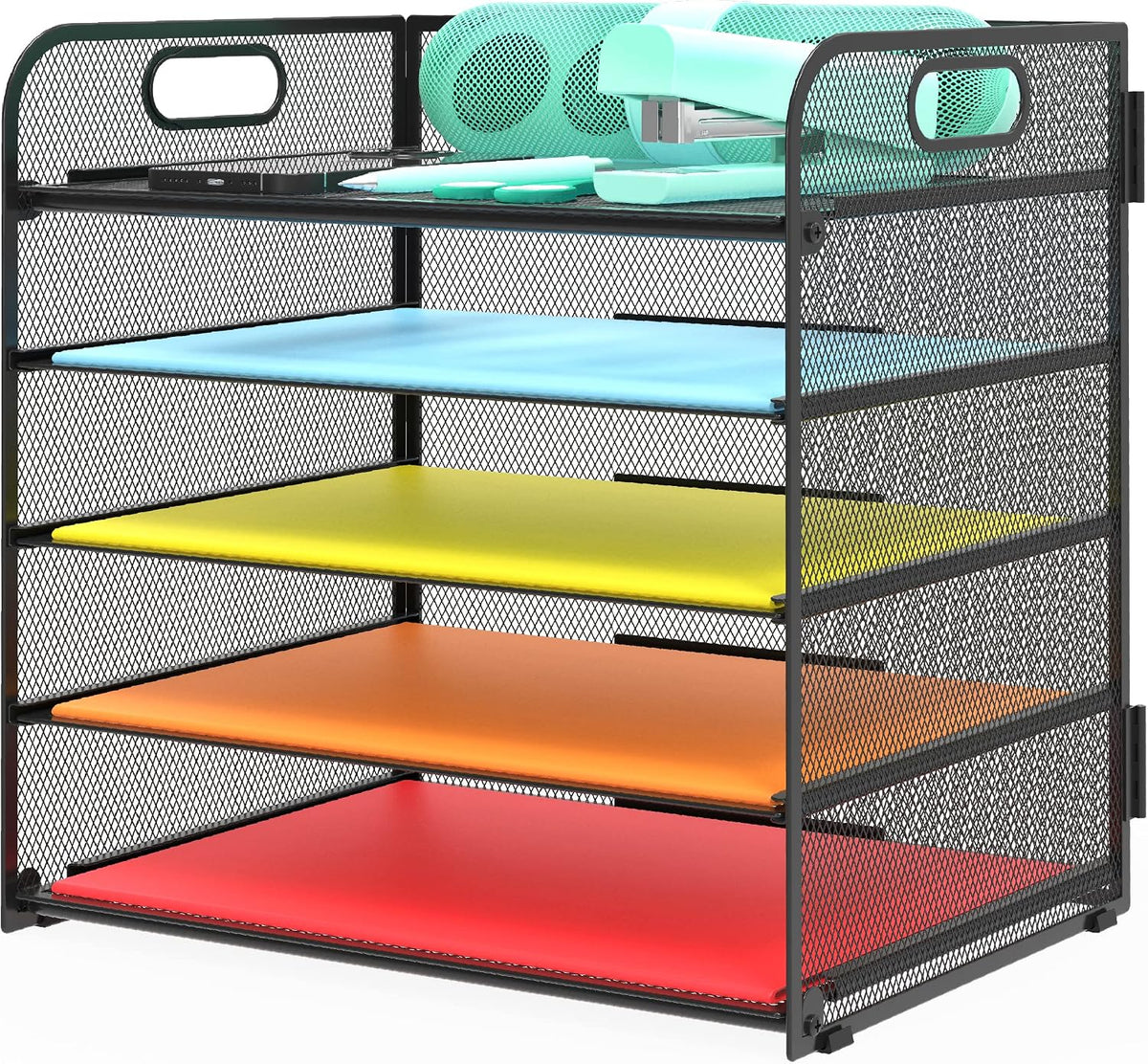 Letter Tray Paper Organizer 5-Tier Desk Organizer File Organizer Paper Holder with Handle, Metal Desktop Document Shelf Tray Office Classroom Organization - Black