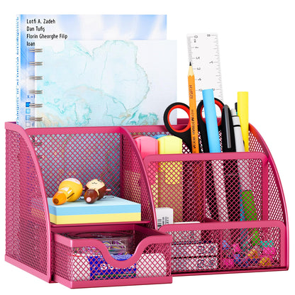 EasyPAG Mesh Desk Organizer with Drawer Multi-functional Pen Holder Stationery Organizer for Office School Supplies 6 Compartments Dorm Organizers and Storage for Desk, Black
