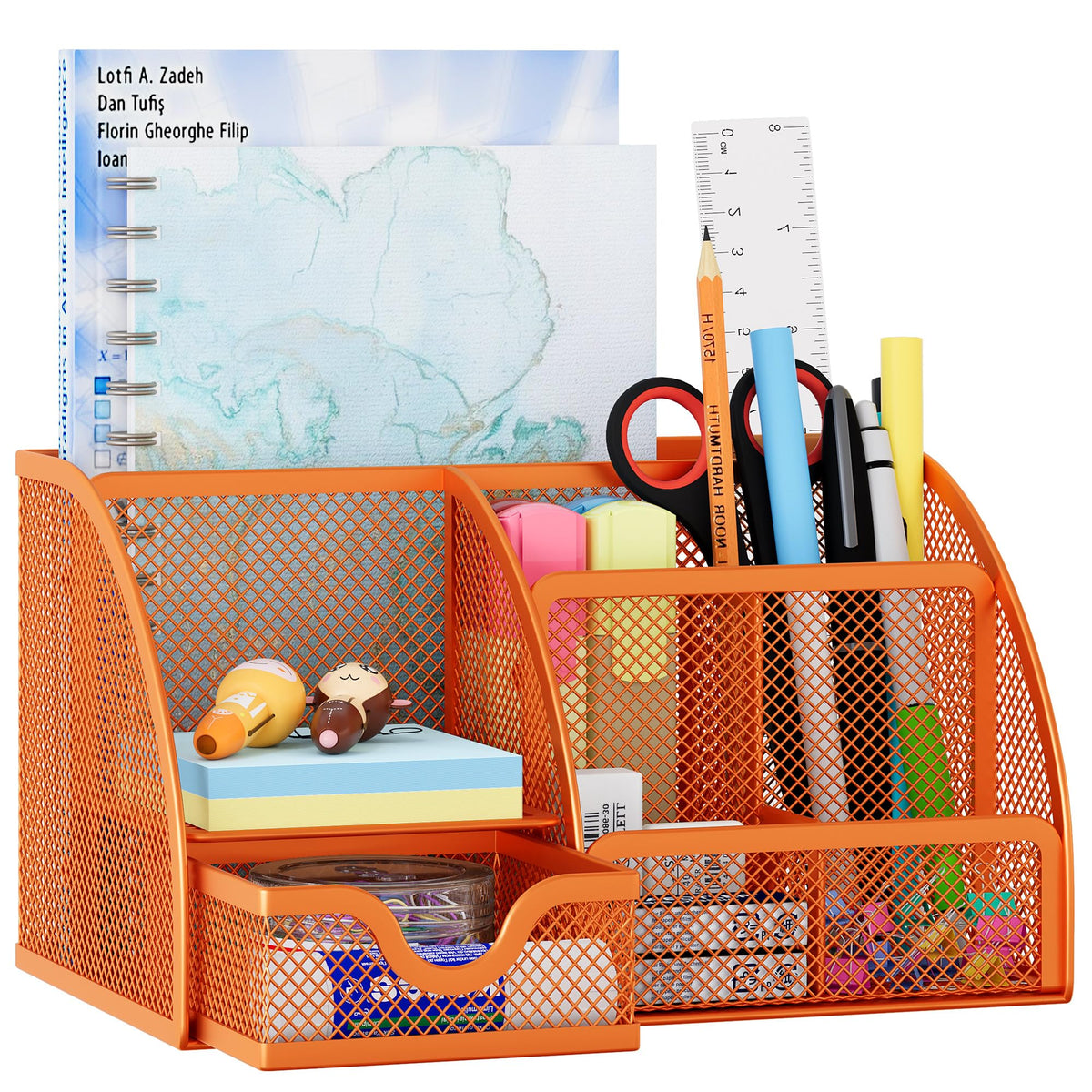 EasyPAG Mesh Desk Organizer with Drawer Multi-functional Pen Holder Stationery Organizer for Office School Supplies 6 Compartments Dorm Organizers and Storage for Desk, Black