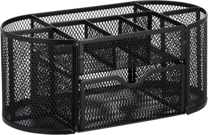 Amazon Basics Mesh Desk Organizer with Pen Holder, Pullout Drawer and Office Caddy Storage, 9.25" x 4.53" x 3.94", Black