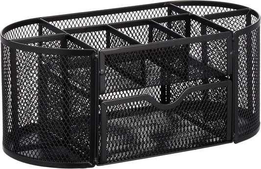 Amazon Basics Mesh Desk Organizer with Pen Holder, Pullout Drawer and Office Caddy Storage, 9.25" x 4.53" x 3.94", Black