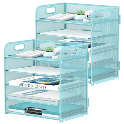 Supeasy 5 Trays Paper Organizer Letter Tray with Handle-Mesh Desk File Holders, Paper Sorter Desk Organizer for Office, Home, Classroom or School