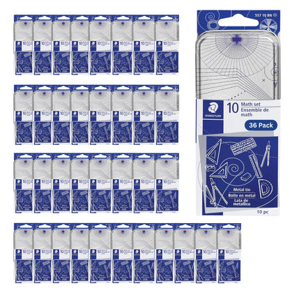 STAEDTLER 10-Piece Math Set with Metal Compass, 6" Ruler & Triangle Squares, 45° & 30/60° Set Squares, Alphabet Stencil - Measuring Tools