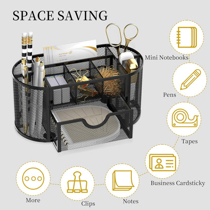 Mesh Desk Organizer with Drawer, 9-Compartment Pen Holder for Desk, Black