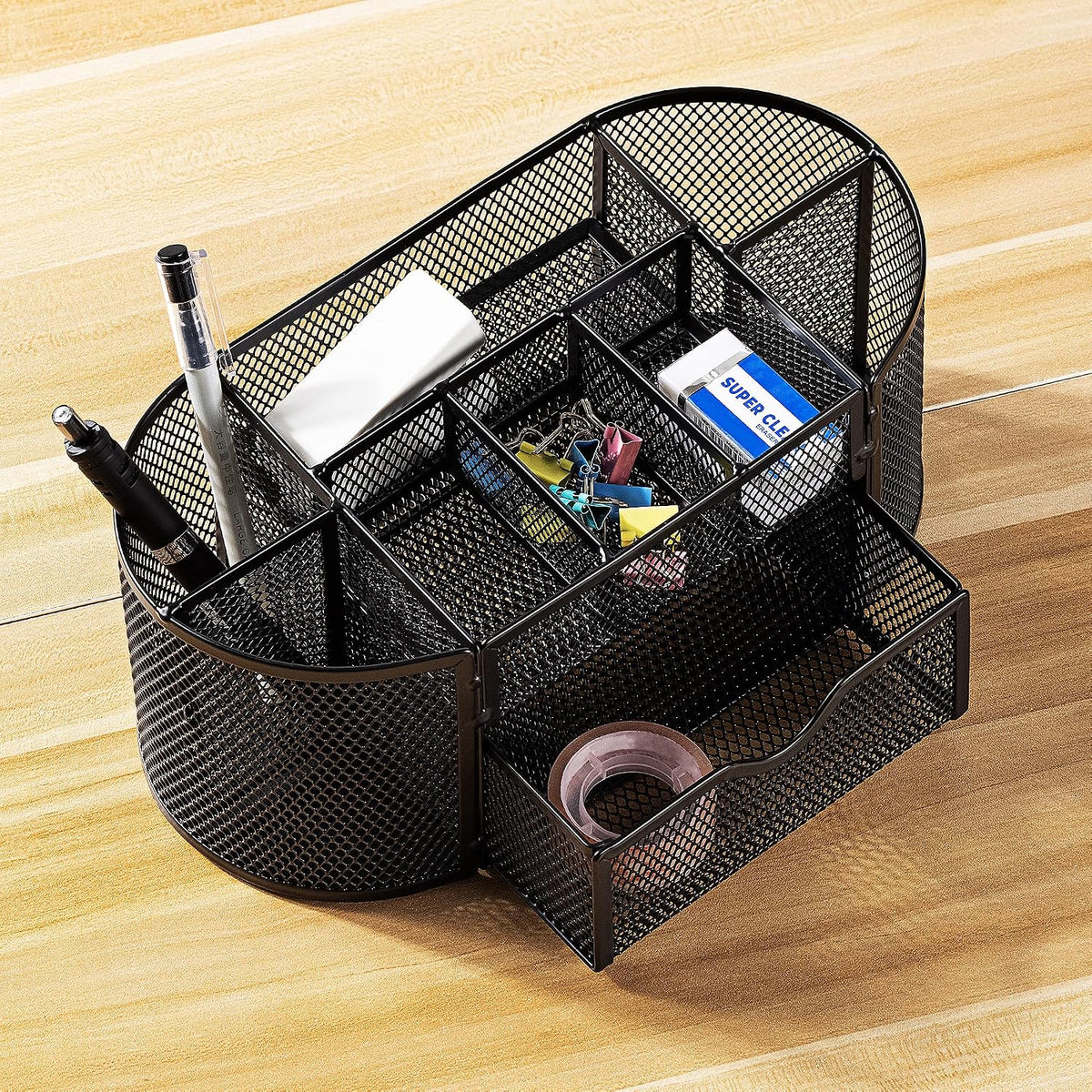 Amazon Basics Mesh Desk Organizer with Pen Holder, Pullout Drawer and Office Caddy Storage, 9.25" x 4.53" x 3.94", Black