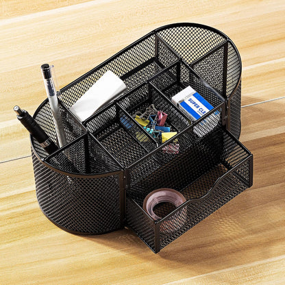Amazon Basics Mesh Desk Organizer with Pen Holder, Pullout Drawer and Office Caddy Storage, 9.25" x 4.53" x 3.94", Black