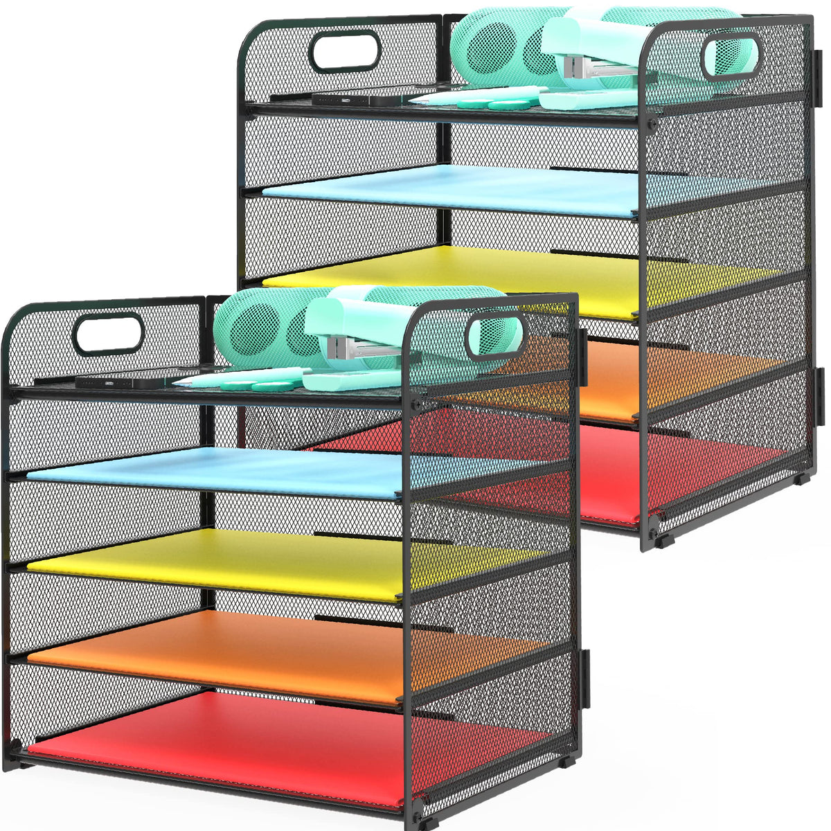 Letter Tray Paper Organizer 5-Tier Desk Organizer File Organizer Paper Holder with Handle, Metal Desktop Document Shelf Tray Office Classroom Organization - Black
