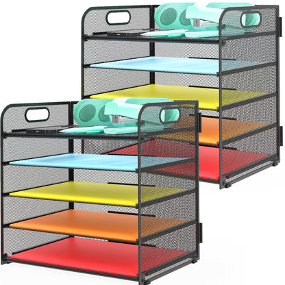 Letter Tray Paper Organizer 5-Tier Desk Organizer File Organizer Paper Holder with Handle, Metal Desktop Document Shelf Tray Office Classroom Organization - Black
