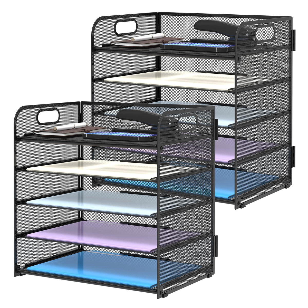 Supeasy 5 Trays Paper Organizer Letter Tray with Handle-Mesh Desk File Holders, Paper Sorter Desk Organizer for Office, Home, Classroom or School