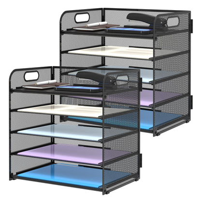 Supeasy 5 Trays Paper Organizer Letter Tray with Handle-Mesh Desk File Holders, Paper Sorter Desk Organizer for Office, Home, Classroom or School