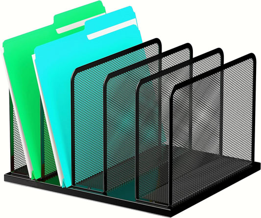 Kuntine.B Desk File Organizer Upright Mesh Desktop Organizer File Sorter Office Organization File Holder for Home, Office & Classroom (Black, 1 Pack 5-Section)