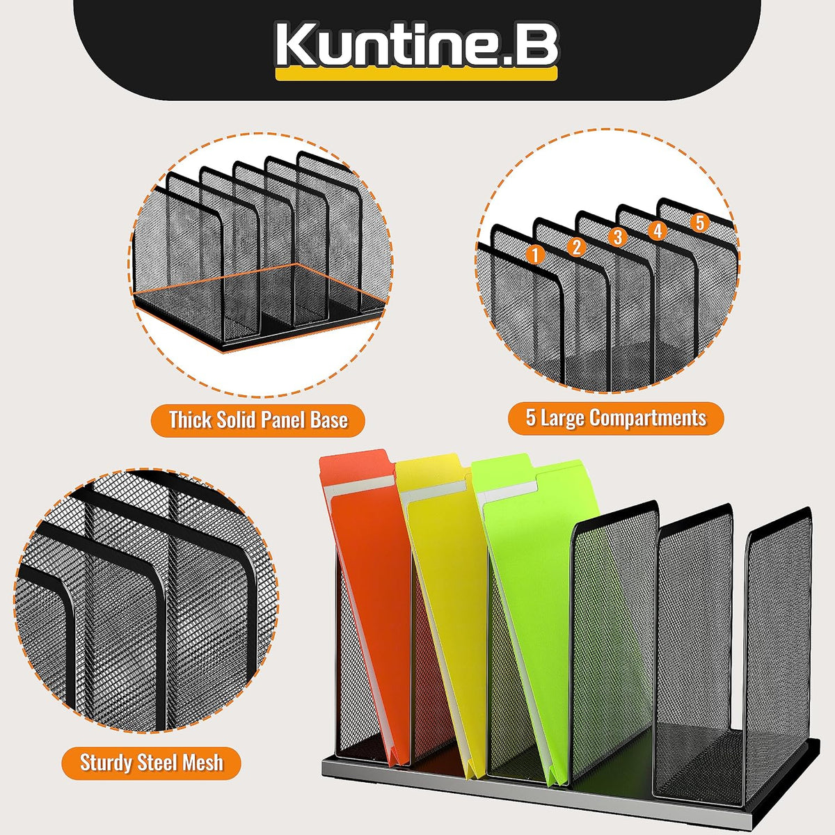 Kuntine.B Desk File Organizer Upright Mesh Desktop Organizer File Sorter Office Organization File Holder for Home, Office & Classroom (Black, 1 Pack 5-Section)
