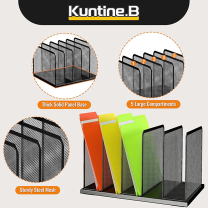 Kuntine.B Desk File Organizer Upright Mesh Desktop Organizer File Sorter Office Organization File Holder for Home, Office & Classroom (Black, 1 Pack 5-Section)